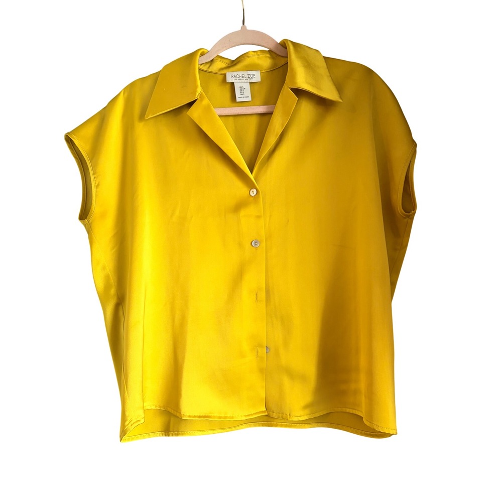 Rachel Zoe Womens Mustard Yellow Satin Sleeveless Button‎ Down Blouse Small